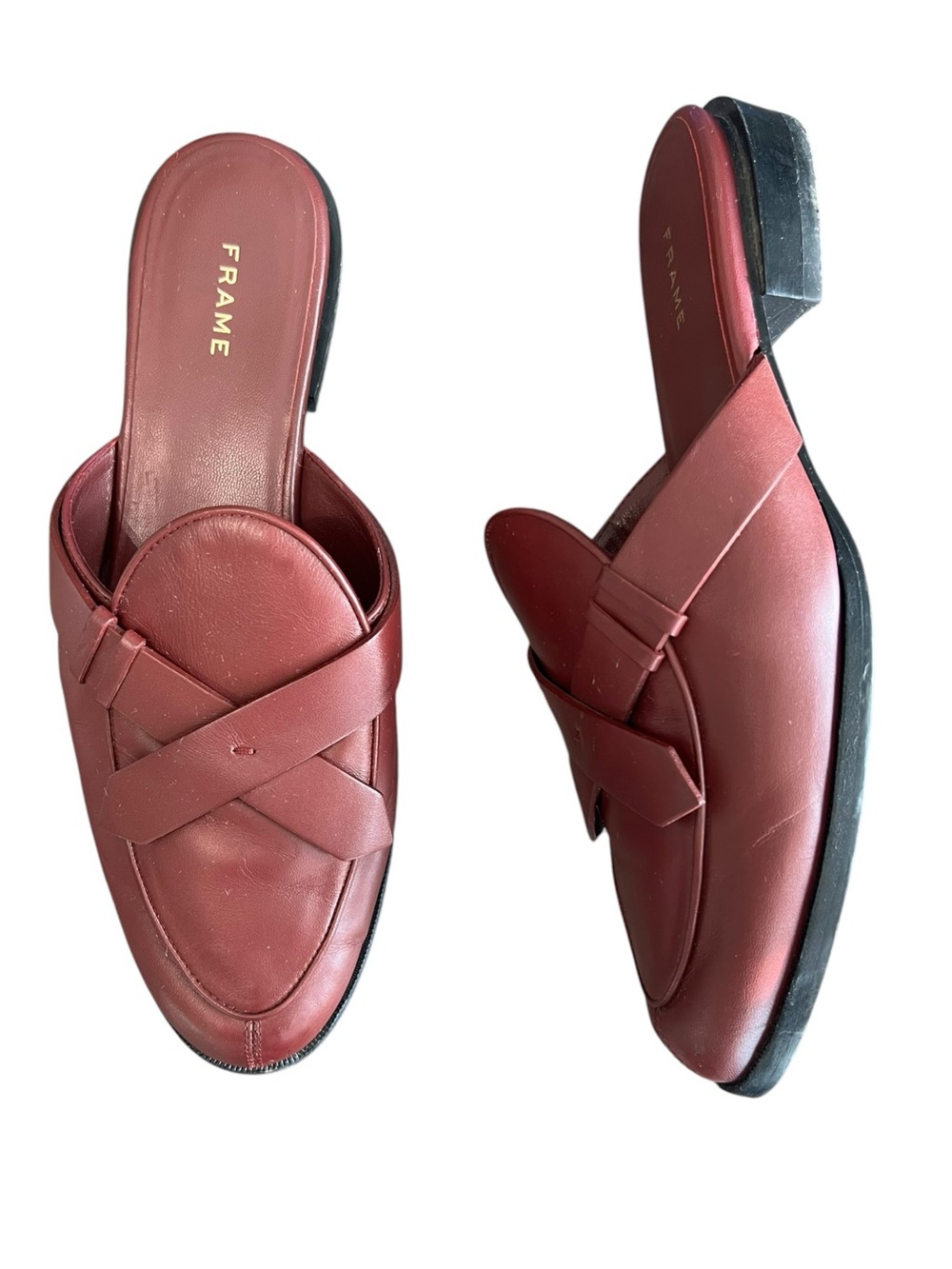 Frame Women’s Le Willoughby Leather Cross Strap Burgundy Mule Shoes